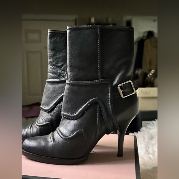 VTG Juicy Couture Mid Calf Leather Harness Boots GALLEY BLACK GLAZED GRAINY GOAT - Picture 4 of 13